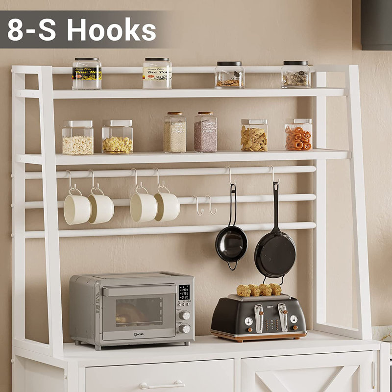 17 Stories Tierone Baker s Rack Coffee Bar Cabinet Farmhouse Microwave Stand With Wine Rack Storage Drawer And 8 Hooks Bakers Racks For Kitchens With Storage Reviews Wayfair